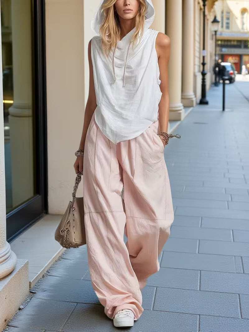 White Hooded Sleeveless Drawstring Oversized Top And Oversized Wide-Leg Pants Women'S Casual Set | Relaxed And Effortless Style