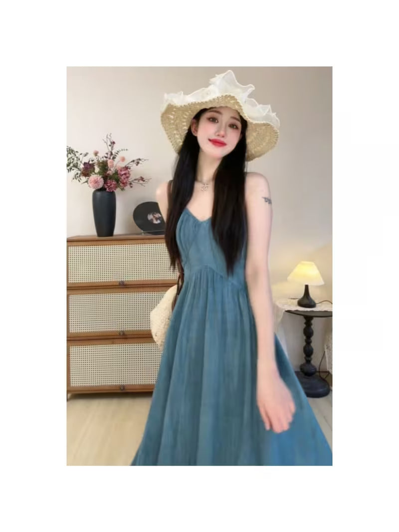 Chinese Style Blue Suspender Dress Summer New Arrival Waist Elegant Vacation Long Skirt