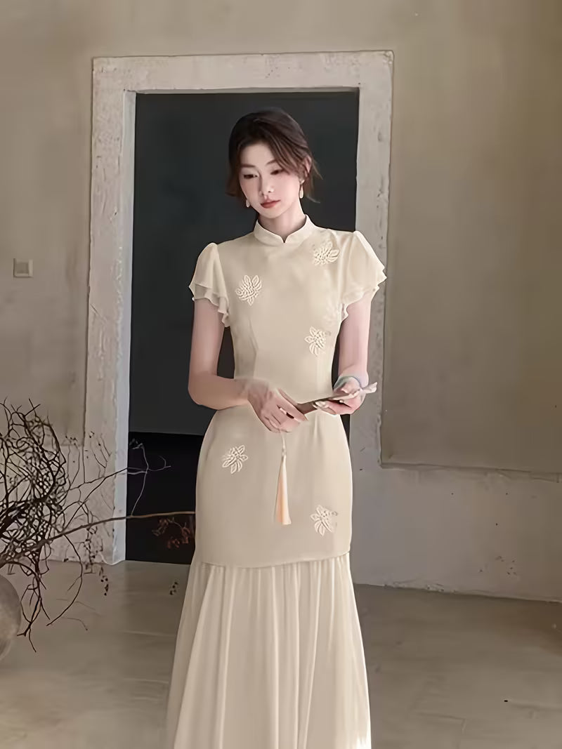 White Jade Glass Embroidery Cheongsam Dress • Elegant And Dignified Temperament Long Dress