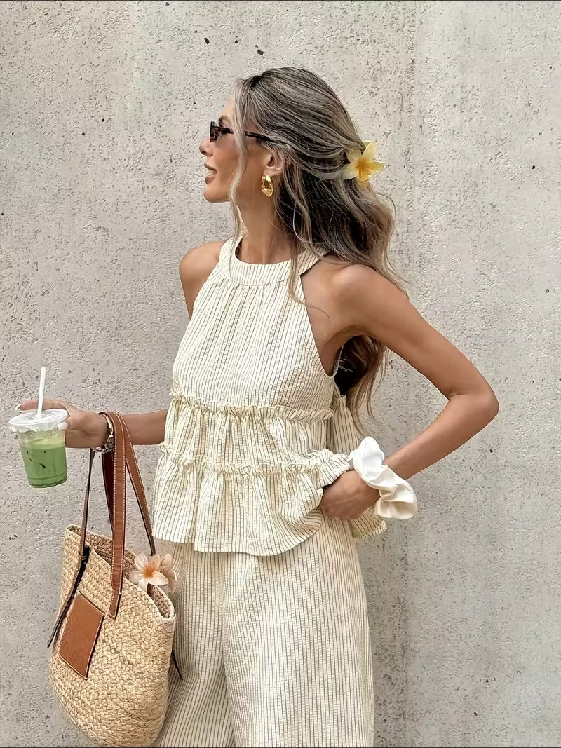 Casual Vacation Style 2pcs Set, Halter Neck Ruffled Sleeveless Top And High-Waist Wide-Leg Pants Women's Outfit