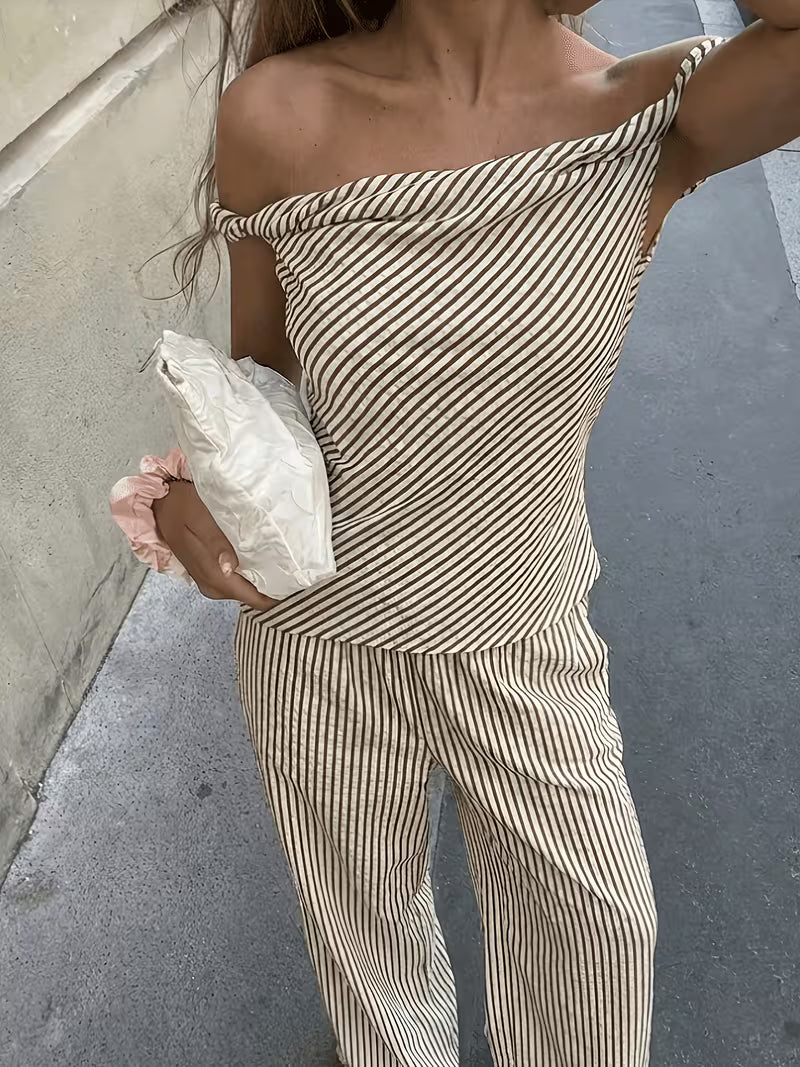Women's Elegant Off-Shoulder Set with Striped Long Pants, 2pcs Casual Daily Wear