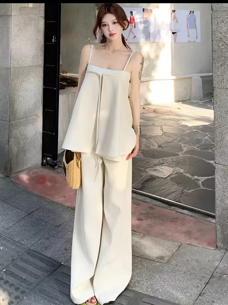 Light Luxury Minimalist Style Casual 2pcs Set for Women: Designer Camisole Top + High-waisted Wide-leg Pants