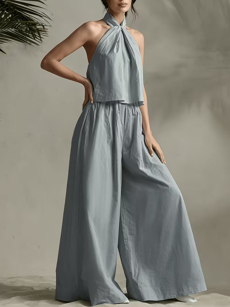 Western Spring Summer Women'S Halter Top And Wide-Leg Long Pants, Comfortable Breathable Fabric, High-End Elegant Quality, Dusty Green Vacation Party City Fashion Premium New Spring Summer Women'S Two-Piece Set