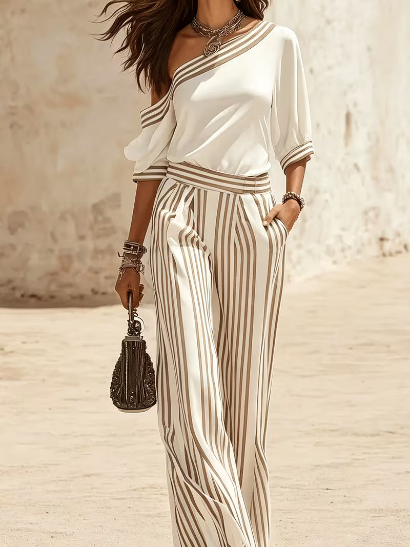 Women'S One Shoulder Top And Striped Wide Leg Pants Set Casual Loose Color Block Matching Set
