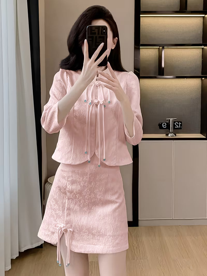 Sweet Long-Sleeve Shirt & Skirt Set, Stylish Elegant Two-Piece with Slits