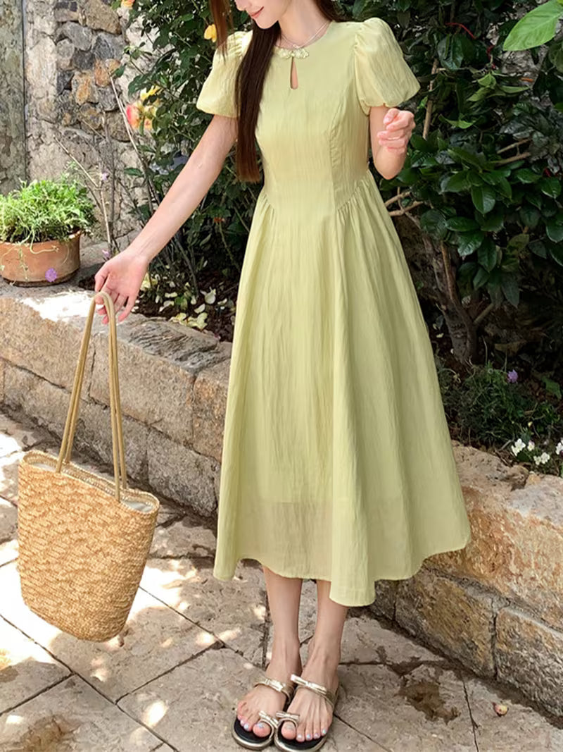 Light Yellow Summer Dress, Women's Round Neck Keyhole Front Puff Sleeve Casual Dress