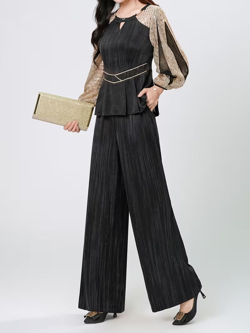 Black and Golden Vertical Stripe Sequin Wide-leg Pants Set, Featuring a V-neck with Subtle Cut-out Detailing and a Decorative Belt