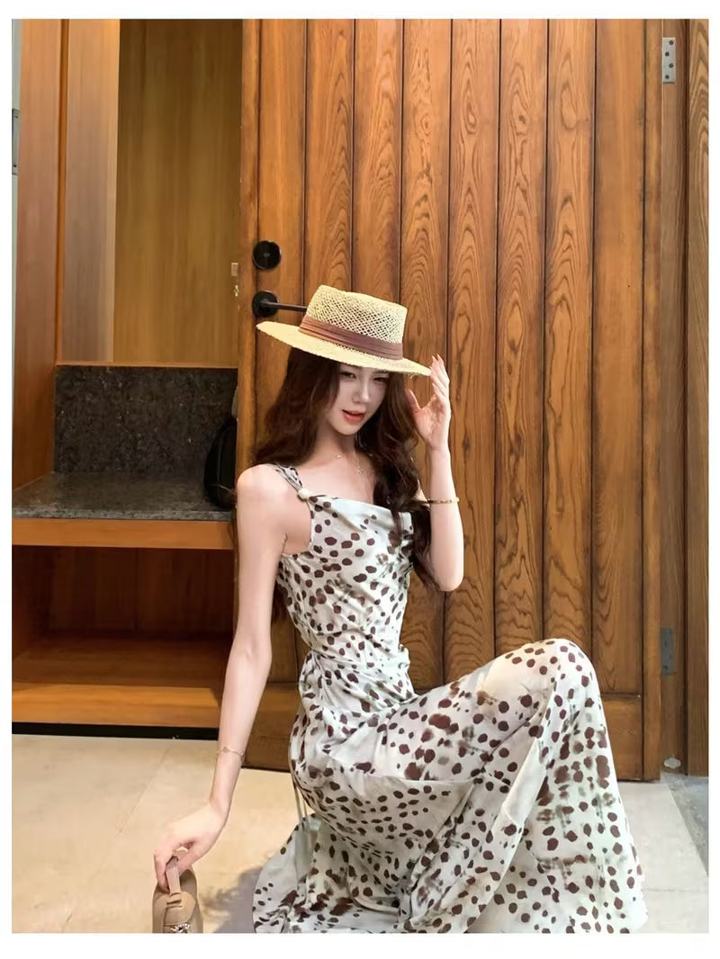 Summer French Swing-neck Suspender Dress, Printed High-waisted Hip-wrapped Fishtail Dress, Long Women's Dress with Drape Temperament