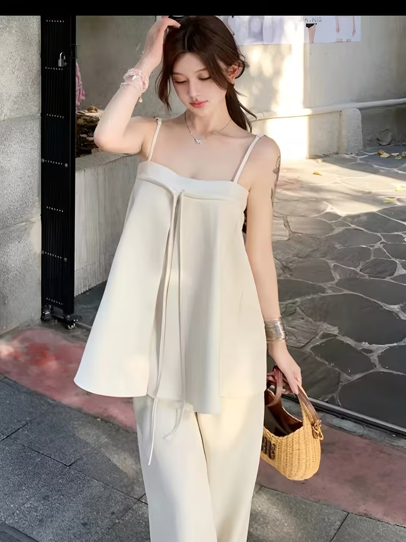 Light Luxury Minimalist Style Casual 2pcs Set for Women: Designer Camisole Top + High-waisted Wide-leg Pants