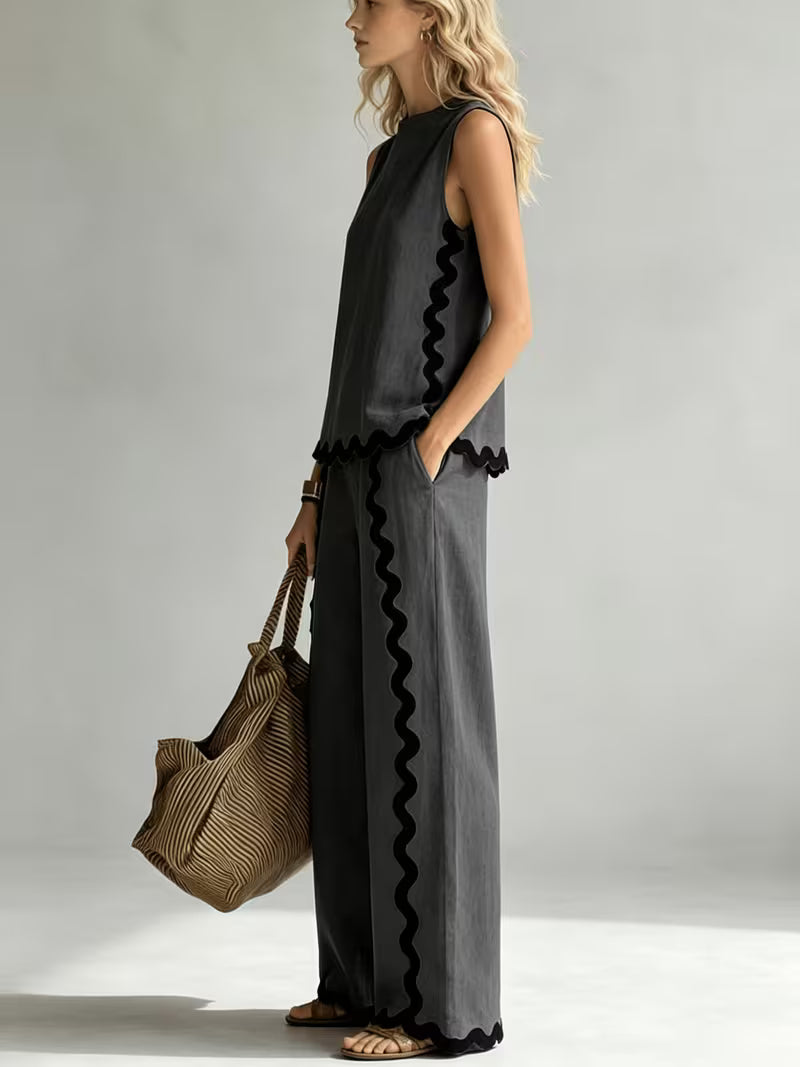 Women's New Sleeveless Color-block Wide-leg Pants Set, Summer Women's Sleeveless Top Casual Fashion 2pcs Set