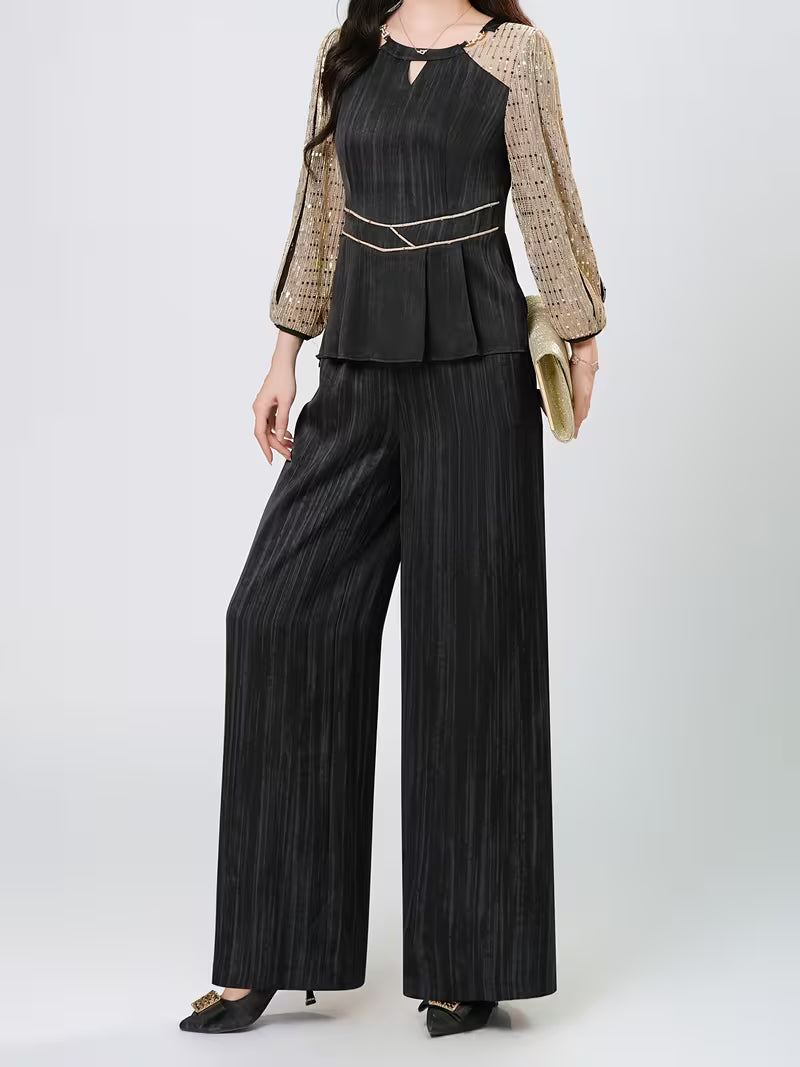 Black and Golden Vertical Stripe Sequin Wide-leg Pants Set, Featuring a V-neck with Subtle Cut-out Detailing and a Decorative Belt