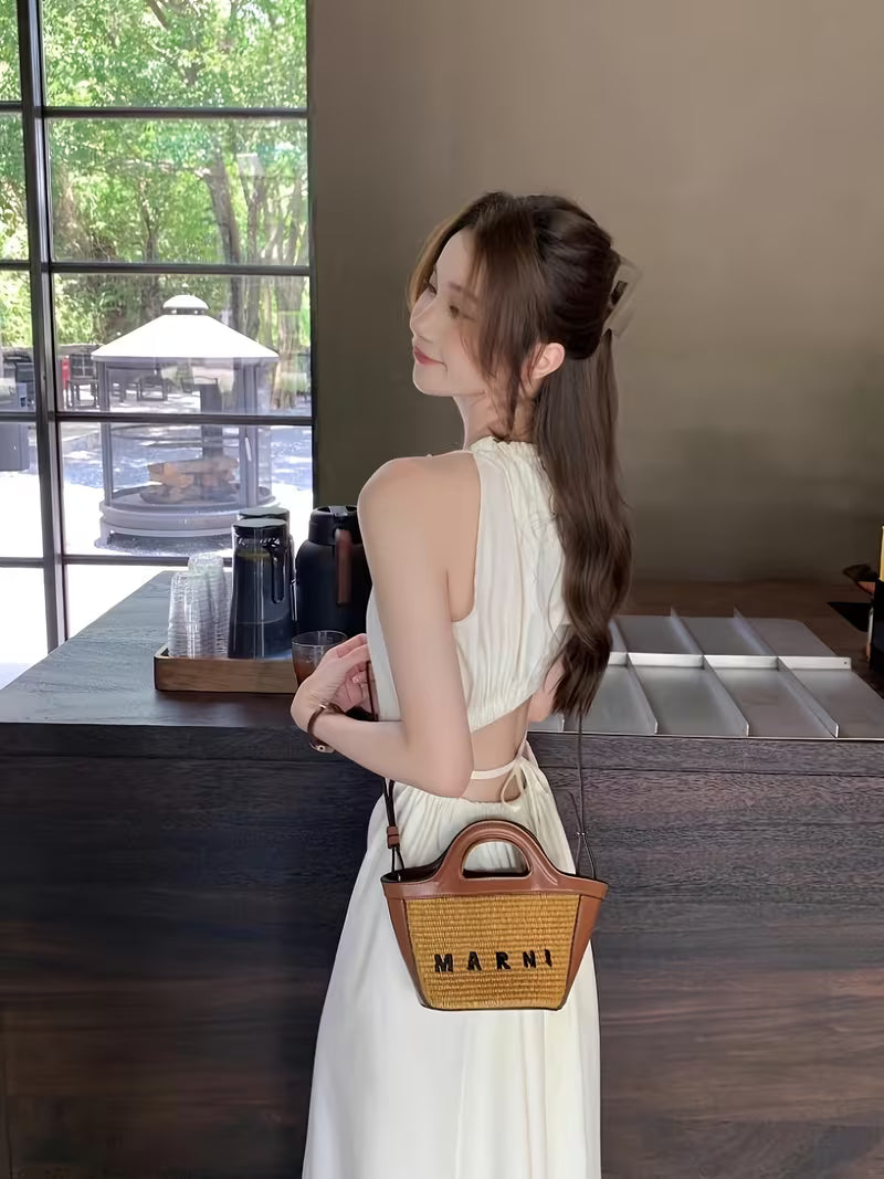 Women's Elegant Halter Neck Off-Shoulder Dress - Lightweight Lace Trim Long Sleeveless Beach Dress with Adjustable Waist Tie