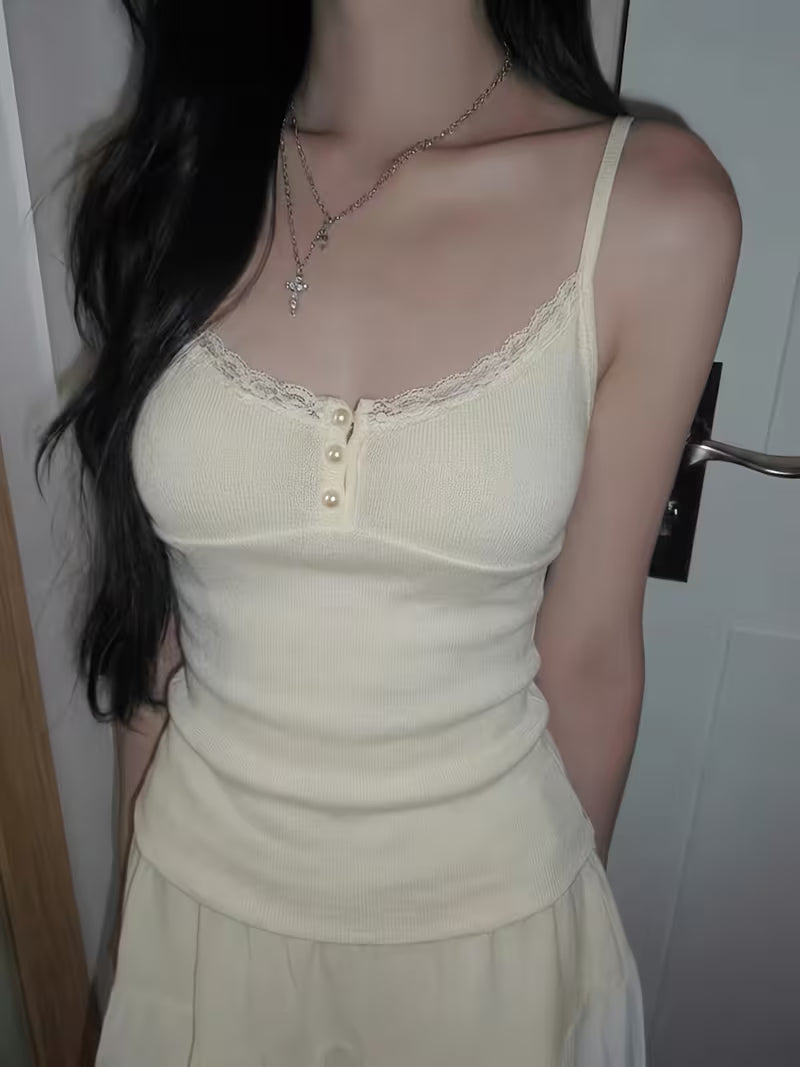 Pure Desire Sexy Lace Trim Contrast Button Low Neck Cami Tank Top Girly Solid Easy Versatile Slim Sweater Top