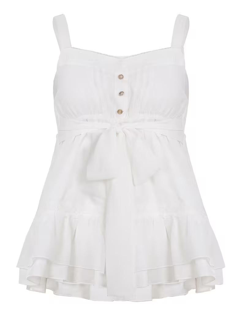 Sweet And Adorable White Lace-Trimmed Tank Top with Bow Tie, Perfect for a Y2K Light Aesthetic
