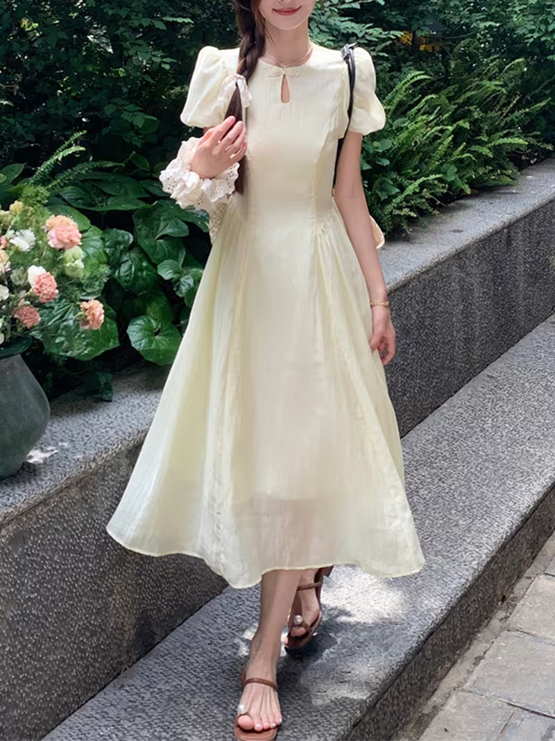 Light Yellow Summer Dress, Women's Round Neck Keyhole Front Puff Sleeve Casual Dress