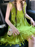 Bohemian Style Avocado Green Tassel Sleeveless Strap Dress Women Summer babydoll dress Dopamine Short Dress