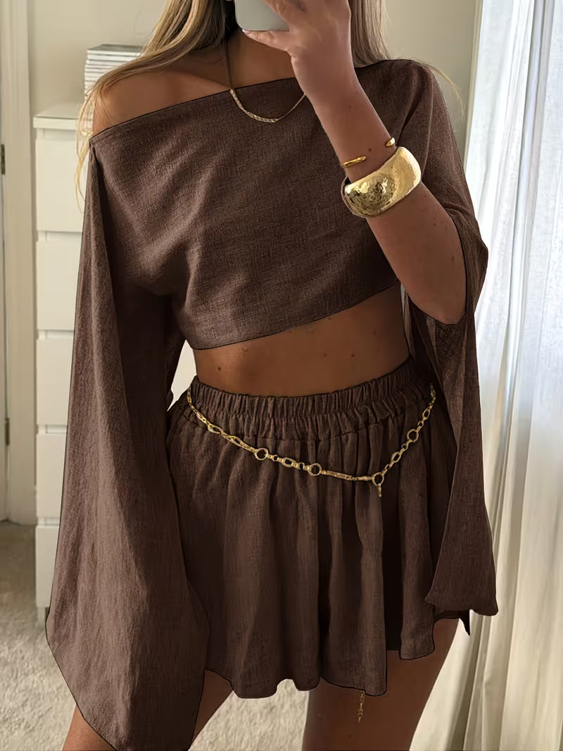 Ladies' Spring And Summer Short Two-Piece Set in Solid Color, Easy Off-Shoulder Loose Long-Sleeve Crop Top with Elastic Waistband Shorts, Casual Commuting Women'S Outfit