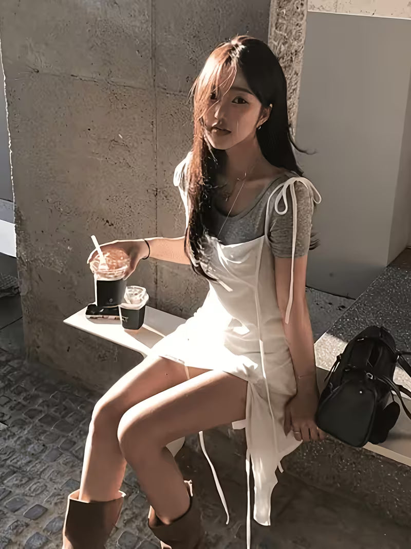 Korean Style Daily Sweet Design Sense Tie-Up Asymmetrical Camisole Layered Vest Dress Walking