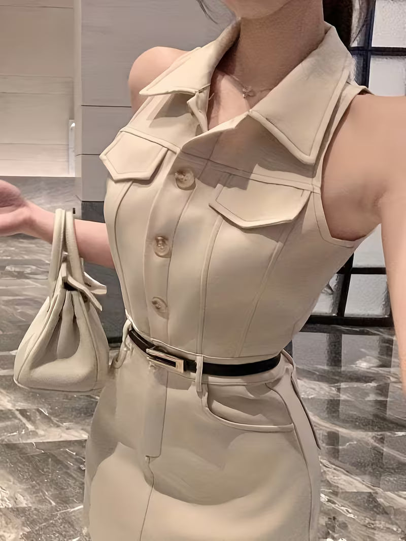 Women'S Sleeveless Shirt Dress with a French-Style Collar And Belt, Featuring a Slim Fit And High-Waisted A-Line Short Skirt