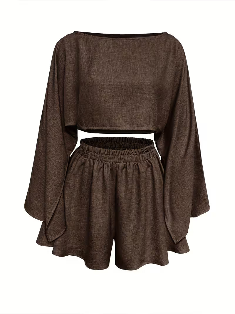 Ladies' Spring And Summer Short Two-Piece Set in Solid Color, Easy Off-Shoulder Loose Long-Sleeve Crop Top with Elastic Waistband Shorts, Casual Commuting Women'S Outfit