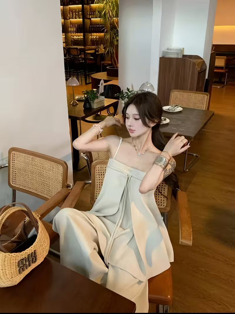 Light Luxury Minimalist Style Casual 2pcs Set for Women: Designer Camisole Top + High-waisted Wide-leg Pants