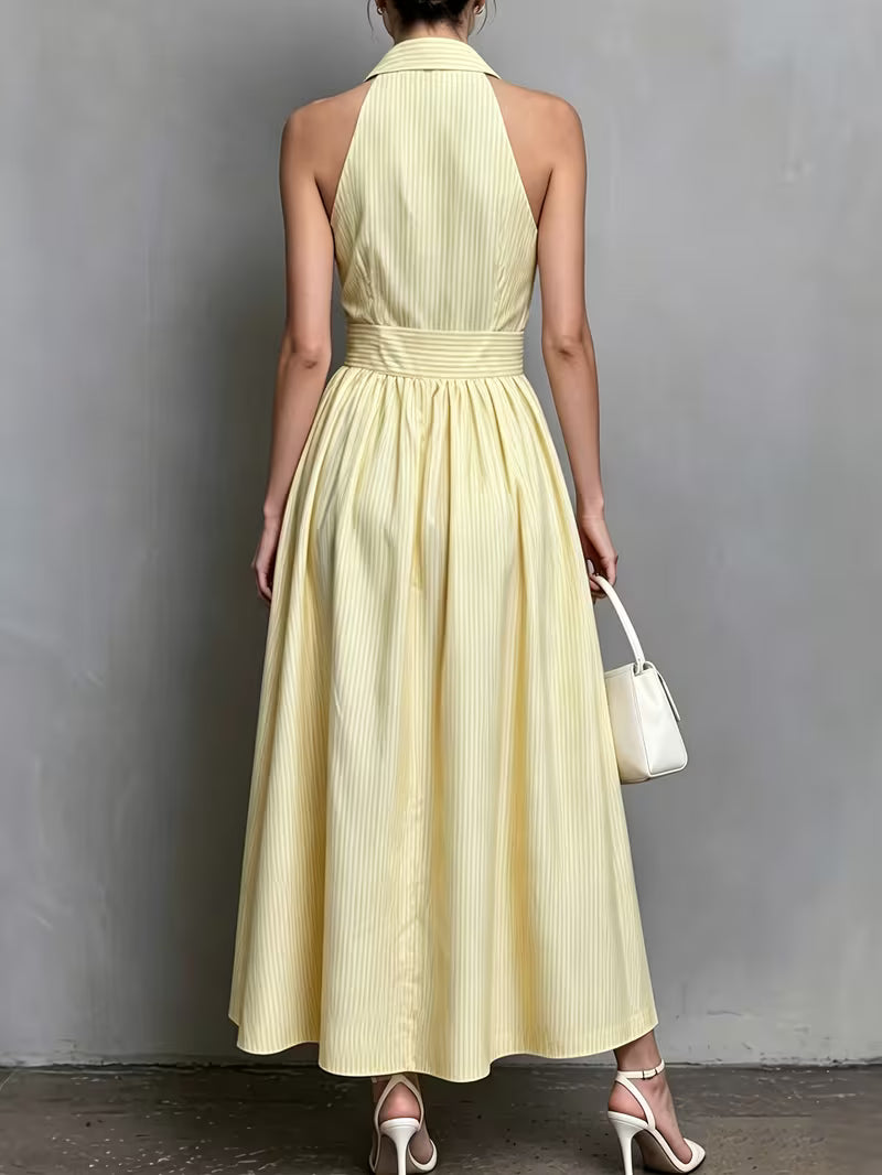 Women'S Summer New Thin Striped Fabric Elegant Vacation Daily Commute Casual Romantic Lapel Sleeveless Waist-Cinching Button-A Line Long Dress