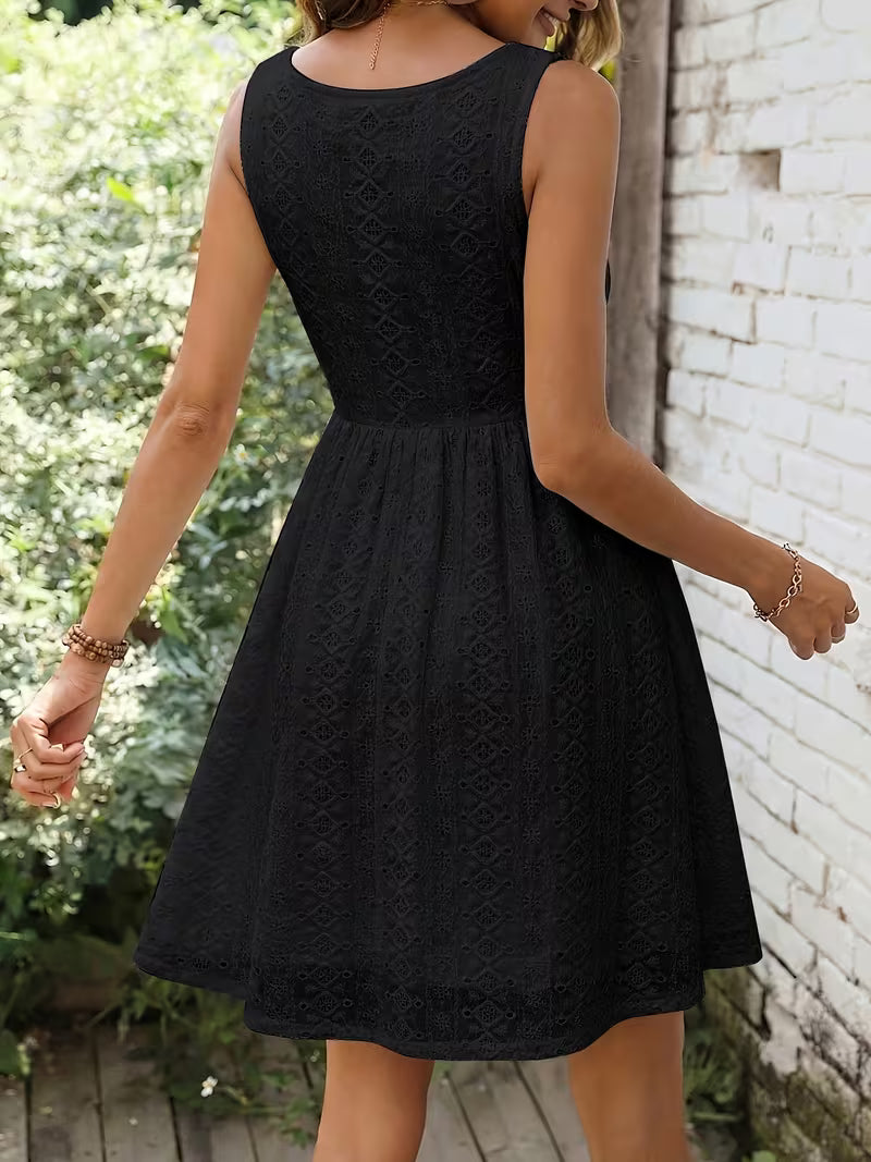 Elegant Summer Women's White Textured Dress with Three-dimensional Patterns, Sleeveless, Waist-cinching, A-line, Stretchy