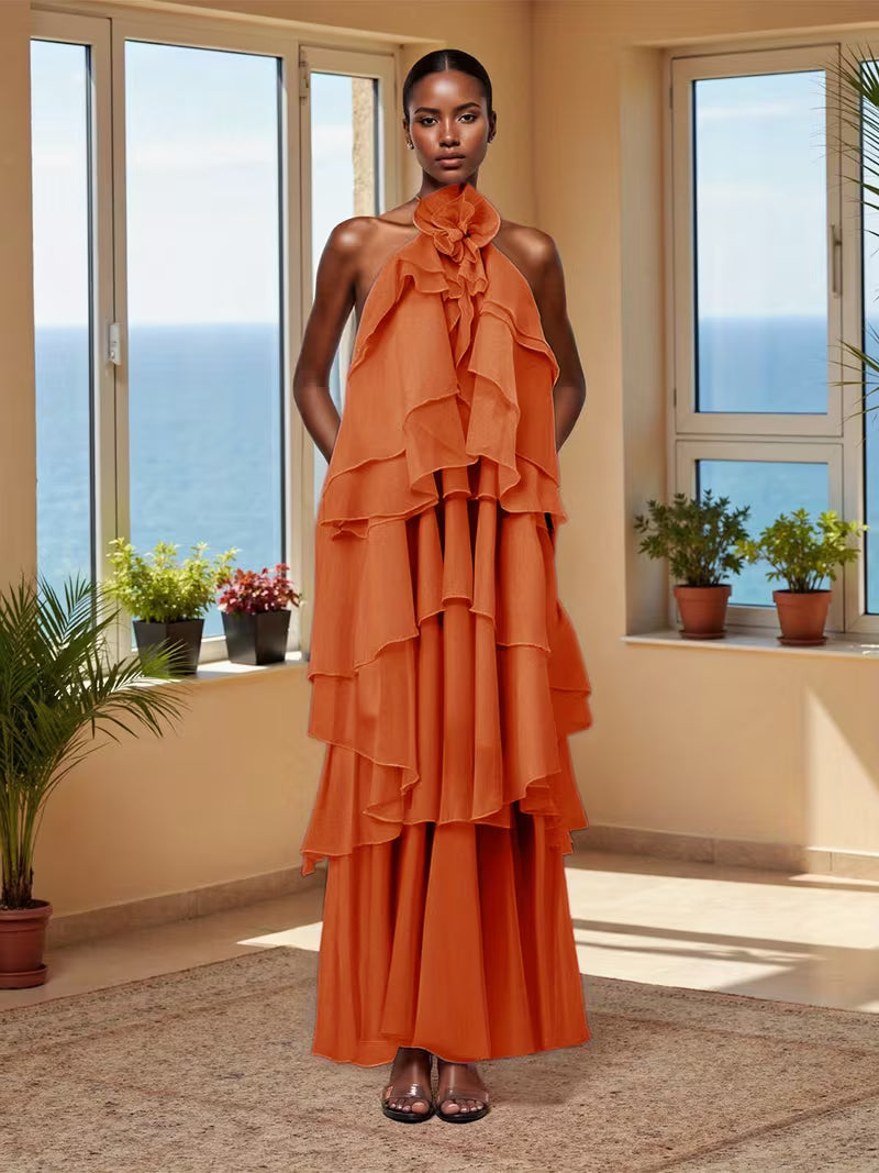 Women'S Bohemian 3D Floral Maxi Dress with Irregular Ruffles & Backless Neckline - Sleeveless A-Line Beach Party Dress