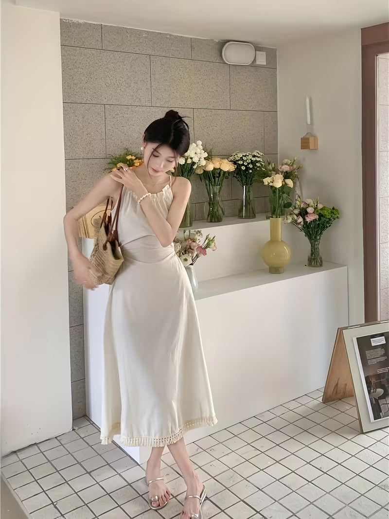 Women's Elegant Halter Neck Off-Shoulder Dress - Lightweight Lace Trim Long Sleeveless Beach Dress with Adjustable Waist Tie