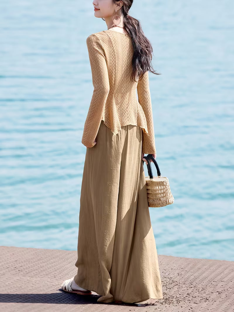 2pcs Set: Cardigan + Long Pants, New Summer Women's Pants Suit, Light Oxygen Set, Daily Commute Office Wear, Spring/Summer New Women's Clothing, Elegant Bell Sleeve Irregular Waist-Cinching Top with Draping Wide-Leg Pants in Ombre Color