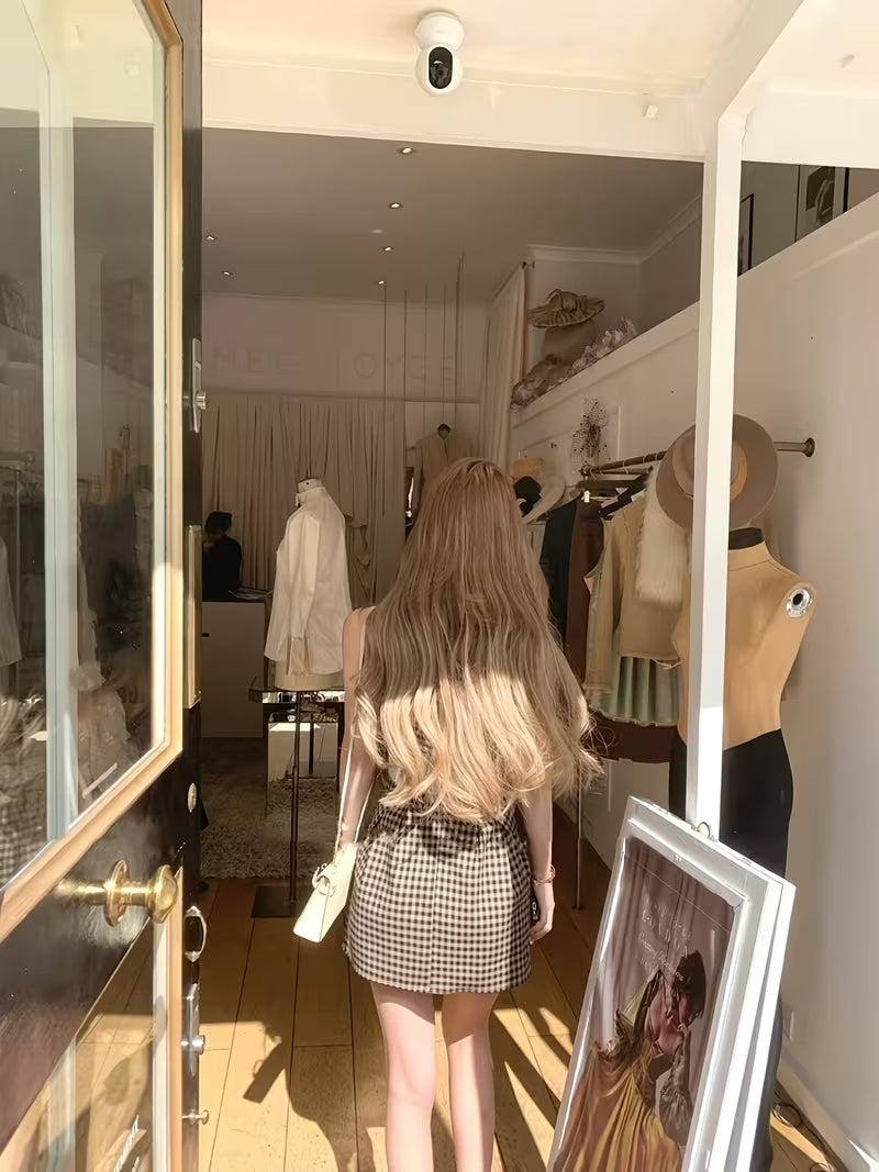 Small Summer New Suspender Square Collar Plaid Dress Design Sense Stitching Lace Bow Skirt