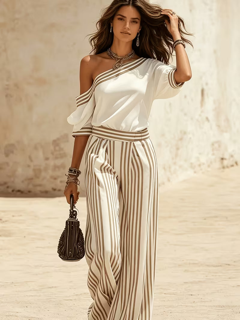 Women'S One Shoulder Top And Striped Wide Leg Pants Set Casual Loose Color Block Matching Set