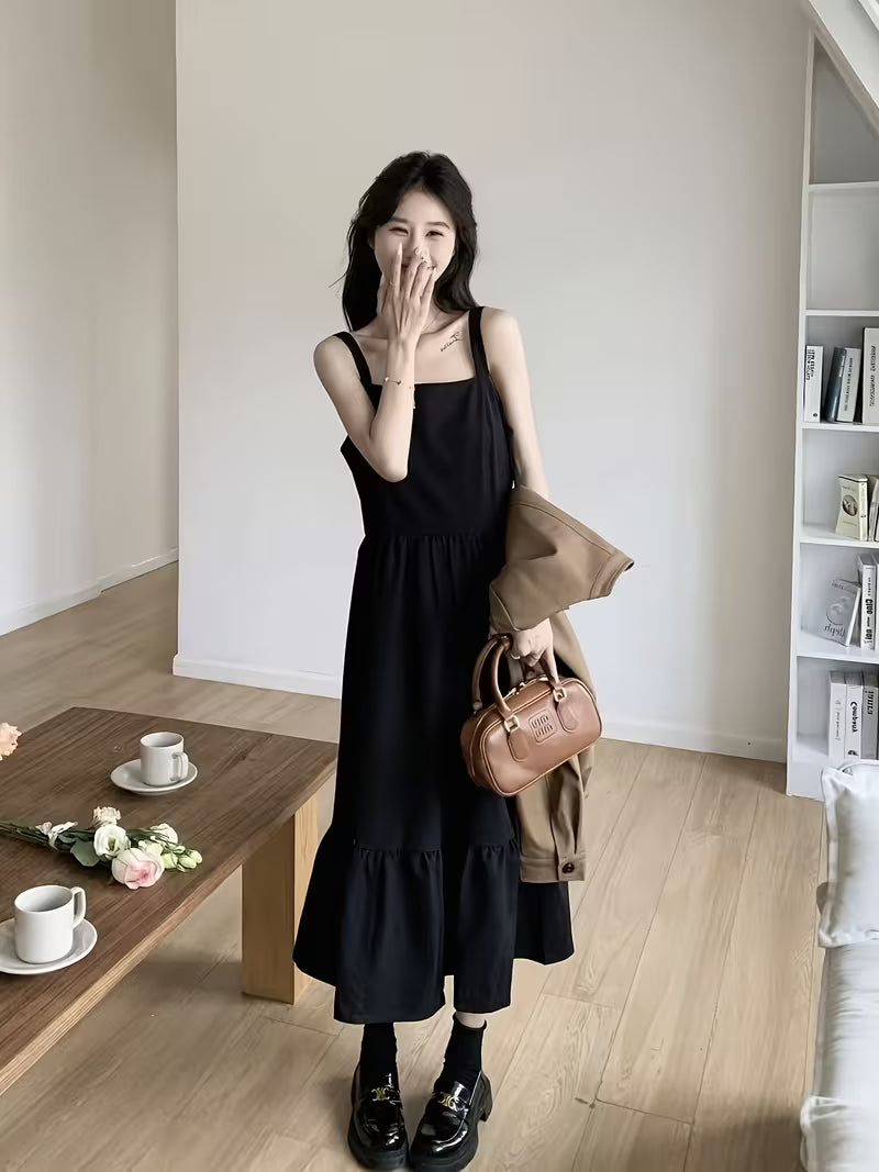 Spring Autumn Pure Color Suspender Dress