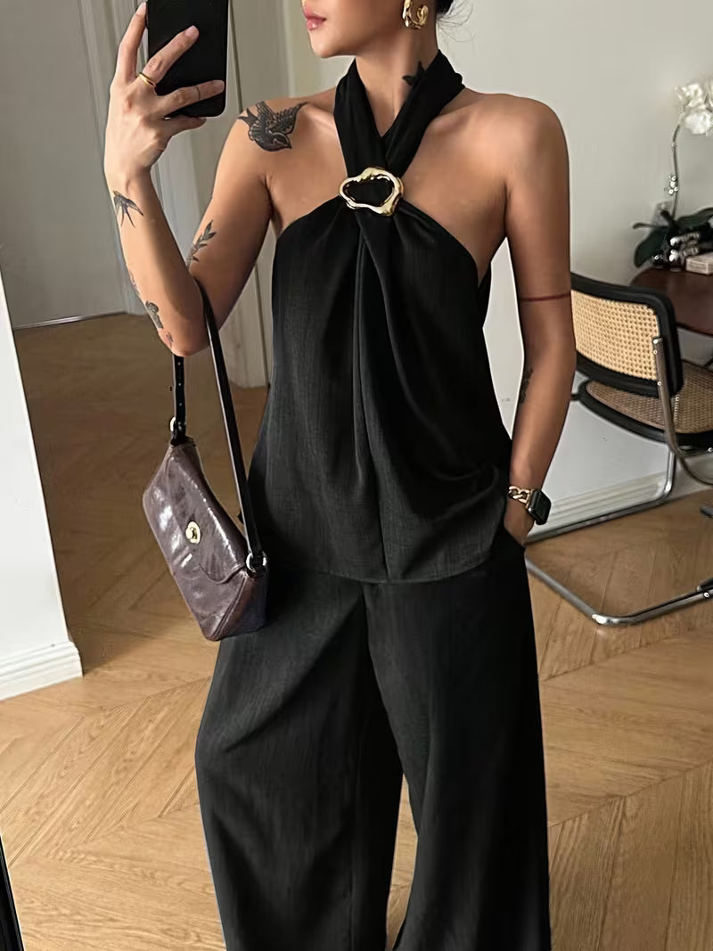Women'S Elegant Two-Piece Vintage Coin Embellished Backless Halter Top And Wide-Leg Pants Set