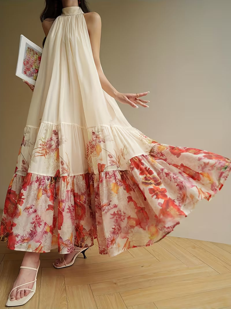 Elegant And Sophisticated Style, New Loose-Fitting, Beach Vacation Tie Waist Printed Dress