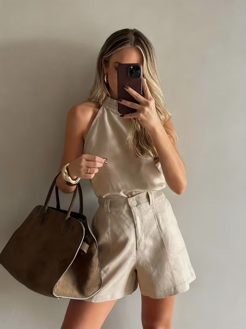 Women's Halter Neck Top and High-Waist Shorts 2pcs Set, Designer Niche Style, High-End Feel,, Elegant, and Versatile T-Shirt Set