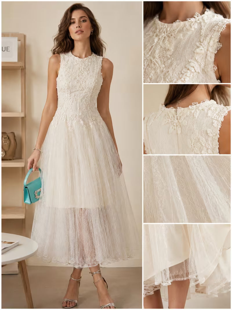 Women's Sleeveless Round Neck Mesh Lace Spliced Dress Flattering Fit Soft Touch for Daily Vacation Date Outfits