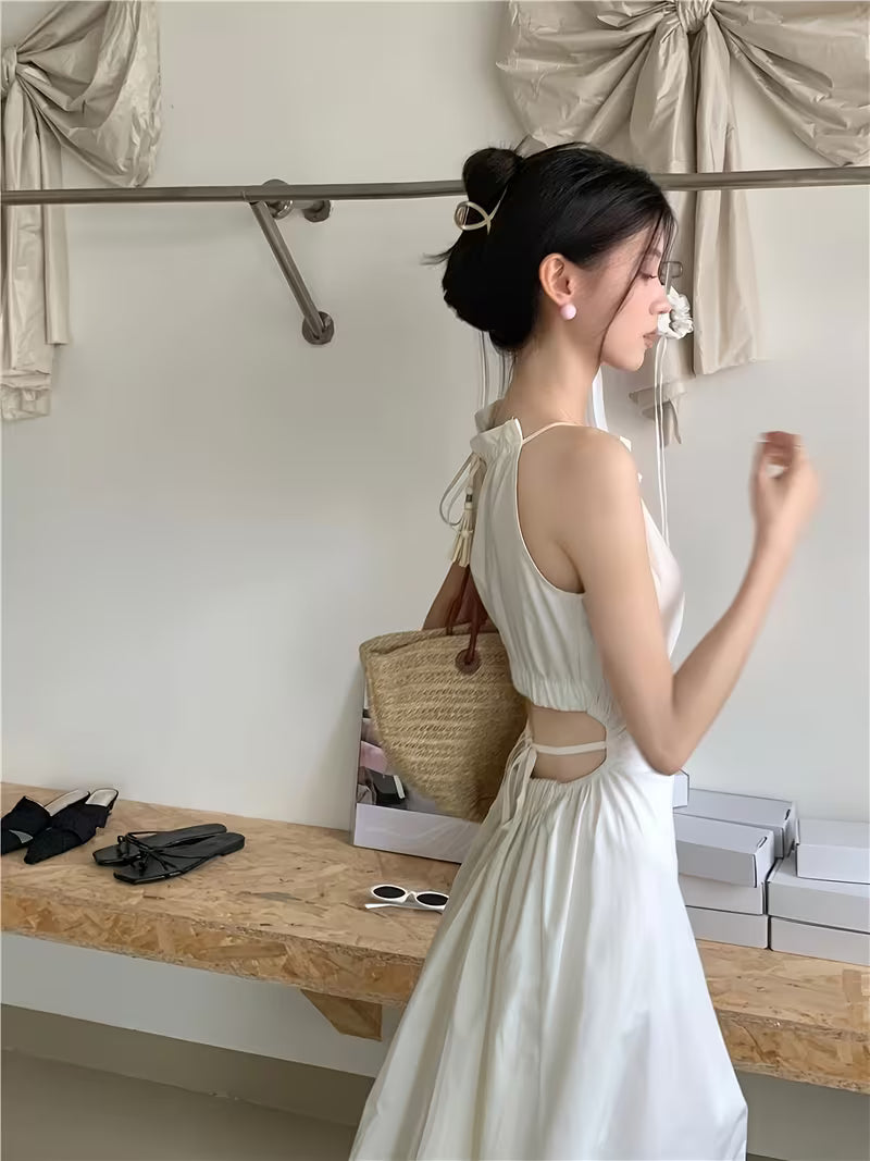 Women's Elegant Halter Neck Off-Shoulder Dress - Lightweight Lace Trim Long Sleeveless Beach Dress with Adjustable Waist Tie