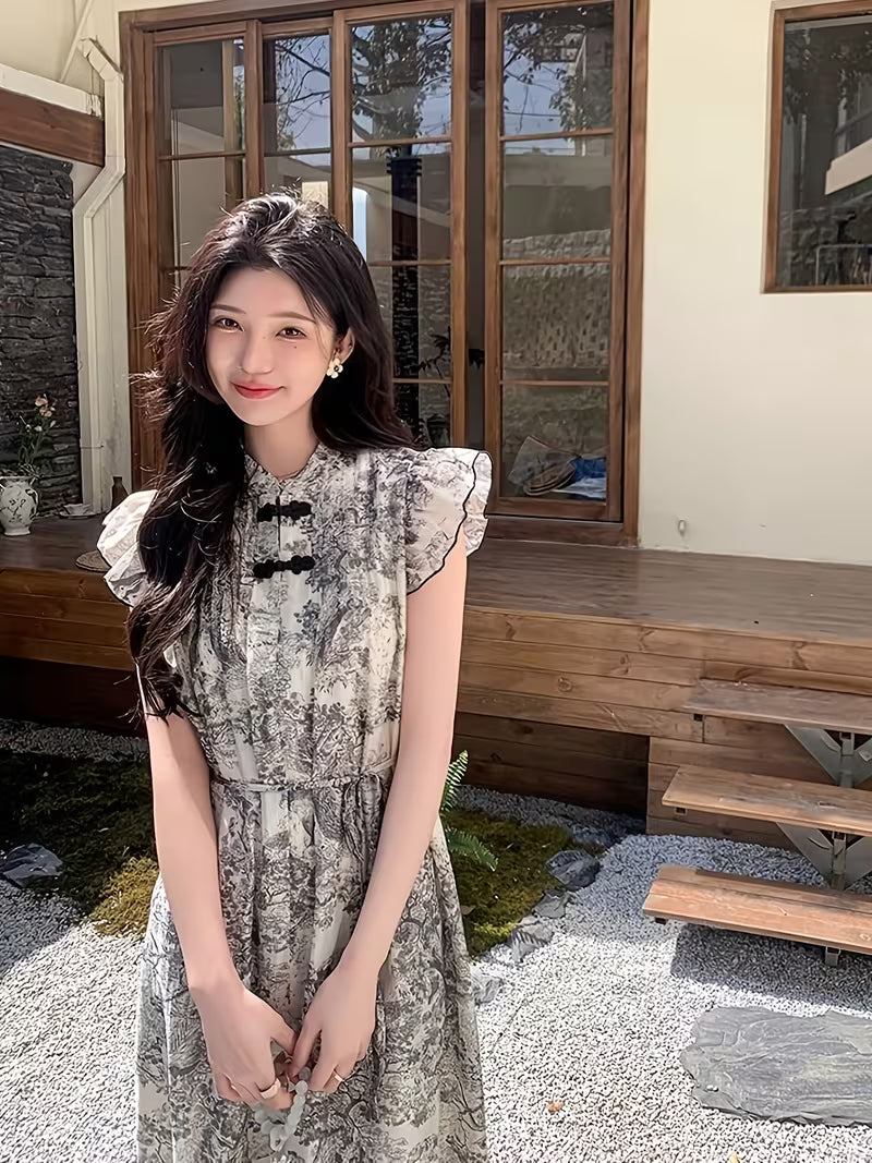Chinese Style Ink Wash Painting Dress for Women, 2026 Summer New Arrival, Elegant and, New Chinese Style with Tie-Front Button and Small Flutter Sleeves, A-Line Skirt
