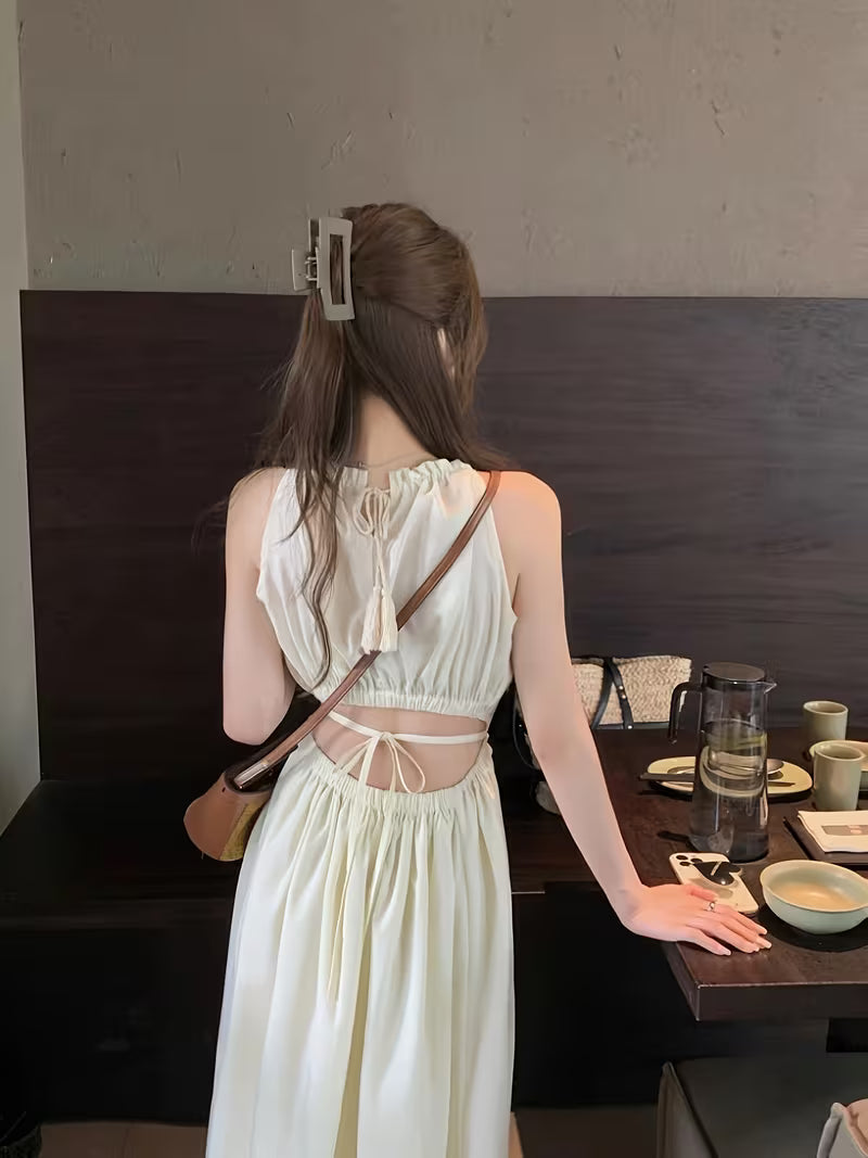 Women's Elegant Halter Neck Off-Shoulder Dress - Lightweight Lace Trim Long Sleeveless Beach Dress with Adjustable Waist Tie