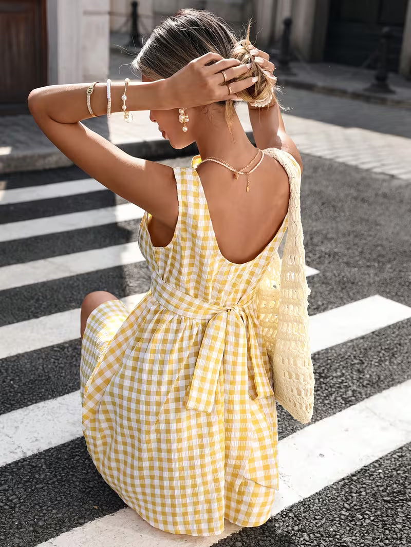 French-Style Sleeveless Plaid Mini Dress, Women's Plaid Dress