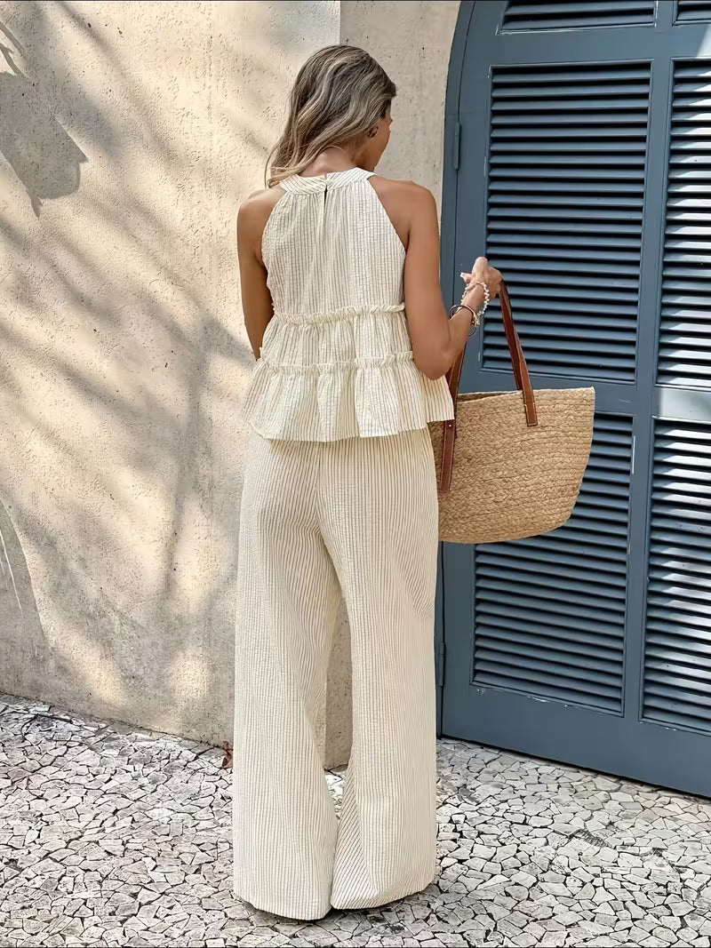 Casual Vacation Style 2pcs Set, Halter Neck Ruffled Sleeveless Top And High-Waist Wide-Leg Pants Women's Outfit