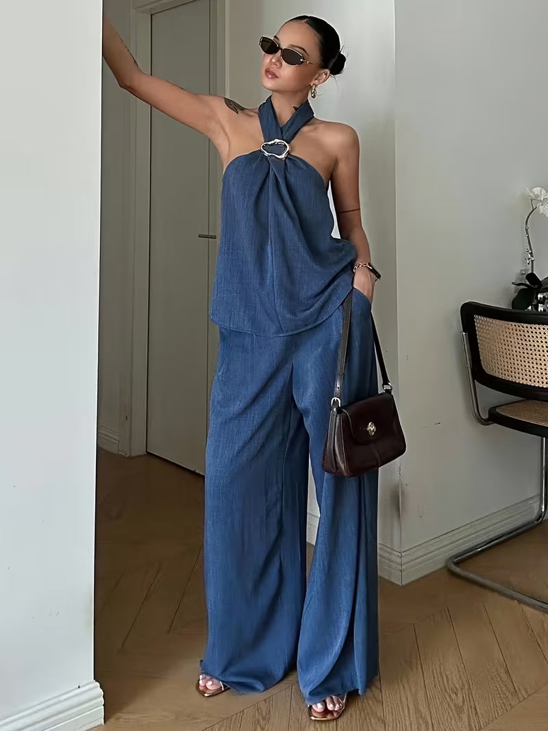 Women'S Elegant Two-Piece Vintage Coin Embellished Backless Halter Top And Wide-Leg Pants Set