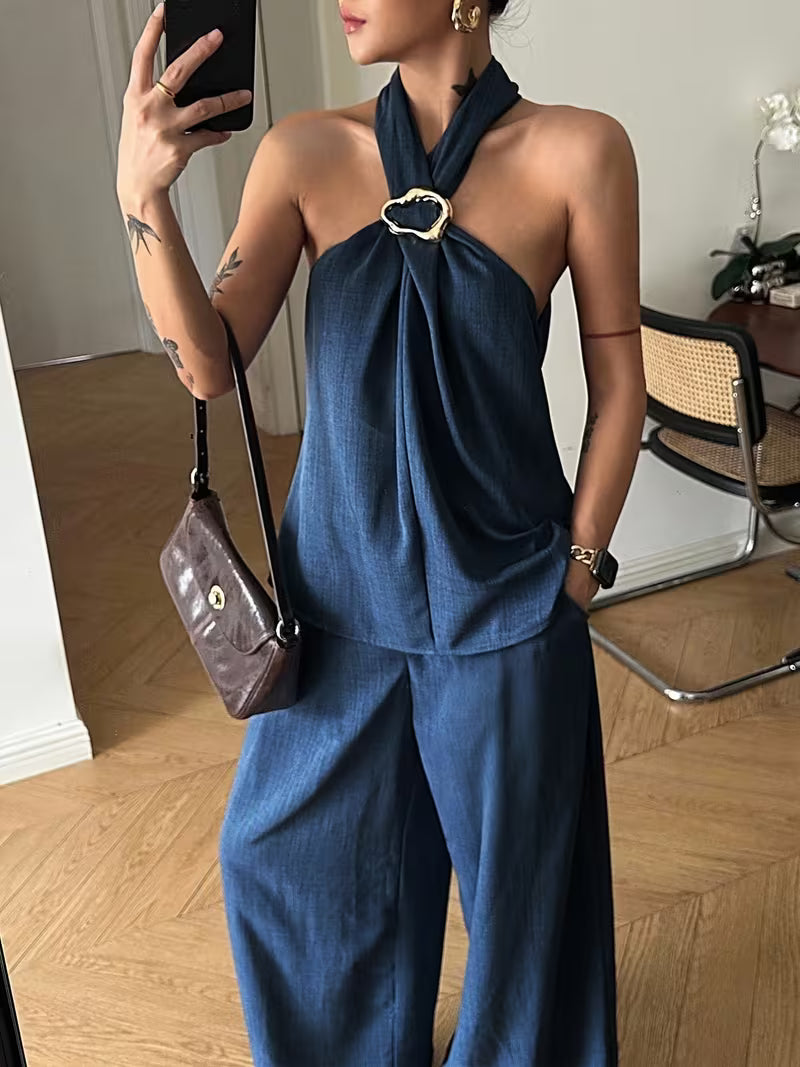 Women'S Elegant Two-Piece Vintage Coin Embellished Backless Halter Top And Wide-Leg Pants Set