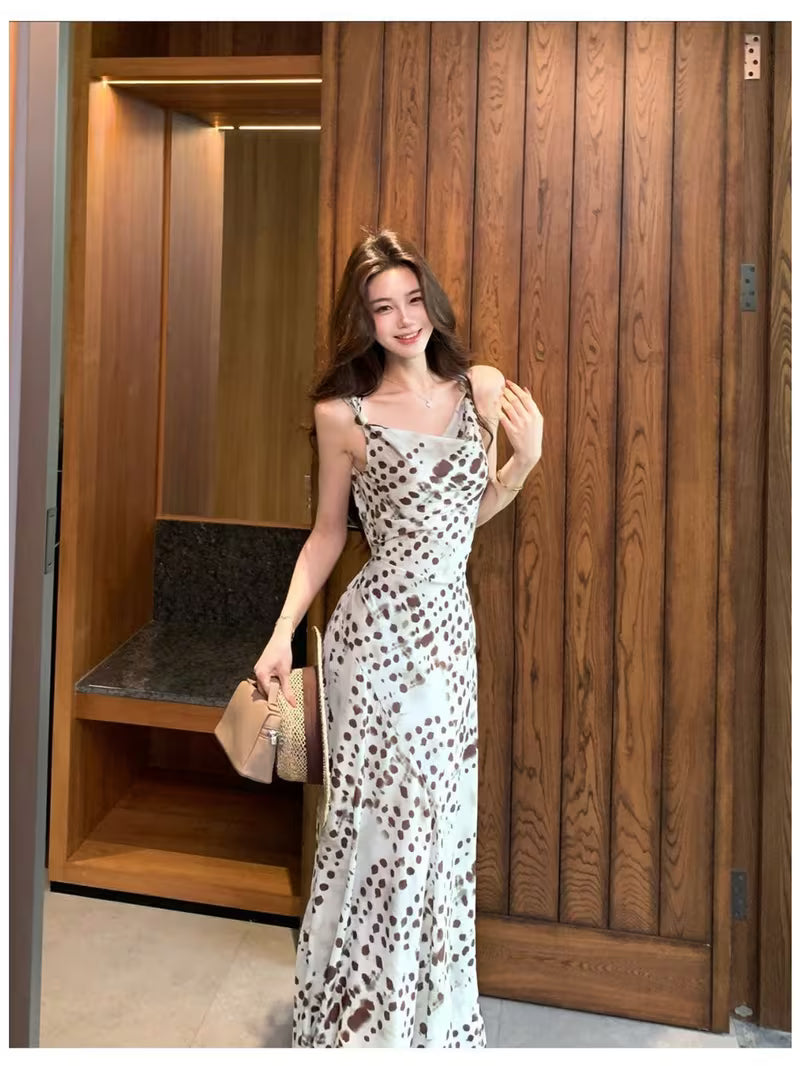 Summer French Swing-neck Suspender Dress, Printed High-waisted Hip-wrapped Fishtail Dress, Long Women's Dress with Drape Temperament