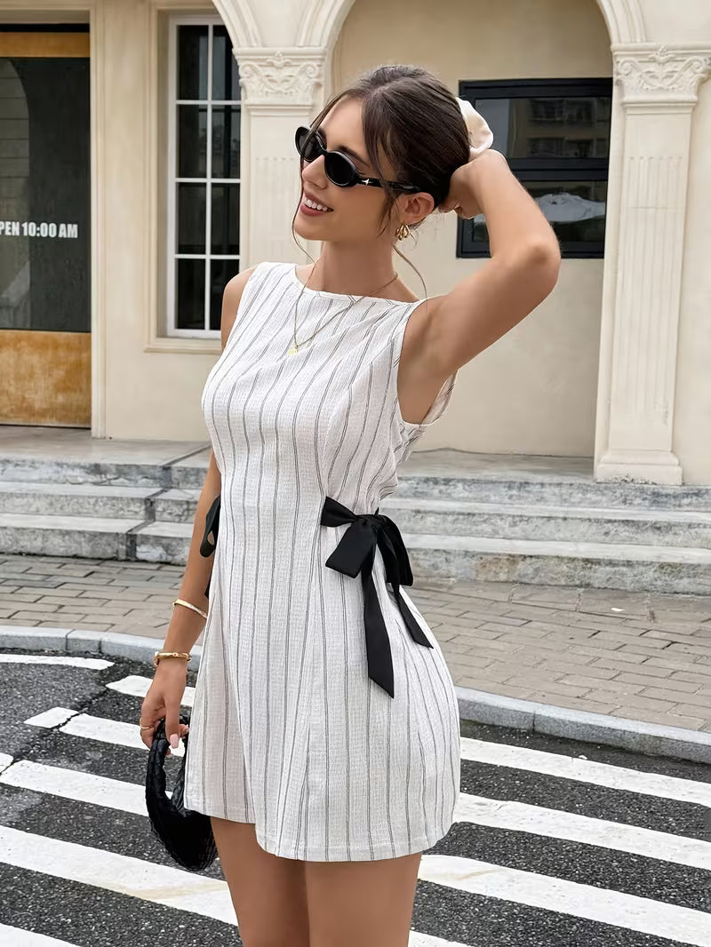 New Summer Striped Backless Sleeveless Dress! Black And White Bow Tie Waist French Light Mature Style Short Skirt