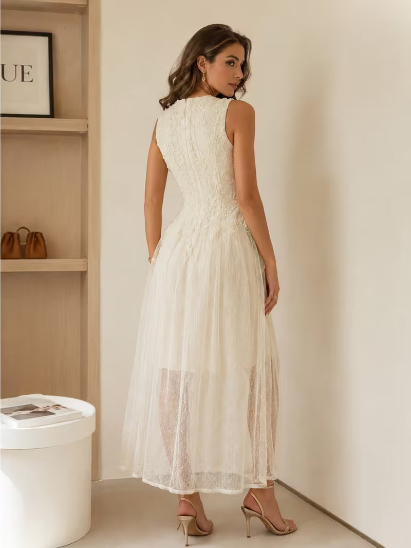 Women's Sleeveless Round Neck Mesh Lace Spliced Dress Flattering Fit Soft Touch for Daily Vacation Date Outfits