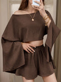 Ladies' Spring And Summer Short Two-Piece Set in Solid Color, Easy Off-Shoulder Loose Long-Sleeve Crop Top with Elastic Waistband Shorts, Casual Commuting Women'S Outfit