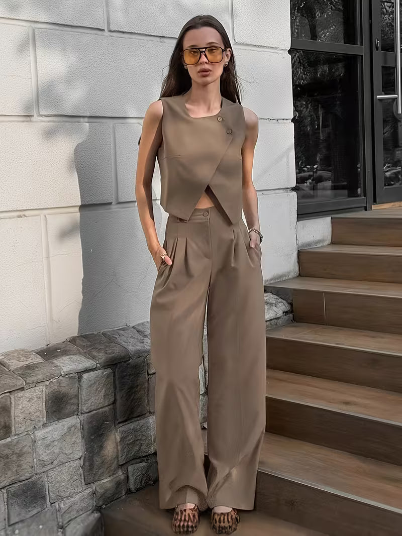 Commuter Chic Khaki Vest and Pants Two-Piece Set for Women | 2026 Spring New Arrival, Elegant Solid Color Design with Button Details