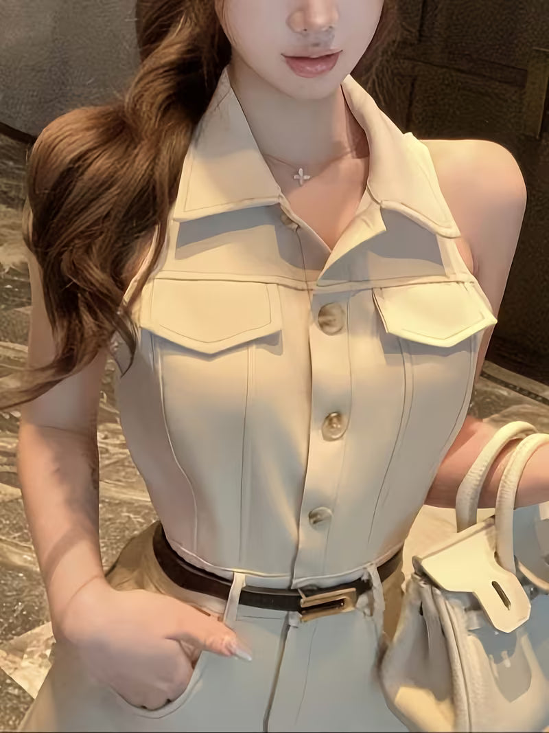 Women'S Sleeveless Shirt Dress with a French-Style Collar And Belt, Featuring a Slim Fit And High-Waisted A-Line Short Skirt